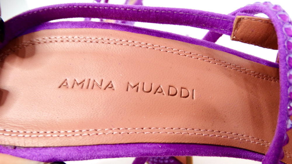 Amina Muaddi Karma Suede Purple Rhinestone Embellished Lace-Up Pumps