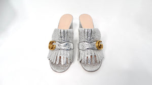 Gucci Silver Metallic Marmont Fringe Mule Sandals