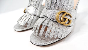 Gucci Silver Metallic Marmont Fringe Mule Sandals