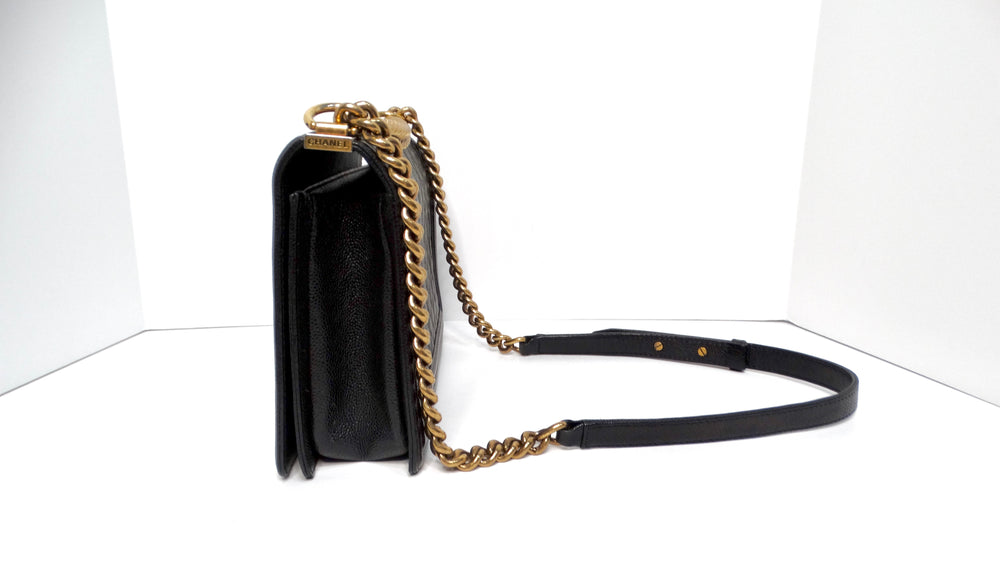 Chanel 2014 "New Medium" Black Caviar Boy Bag With Antique Gold-Tone Hardware