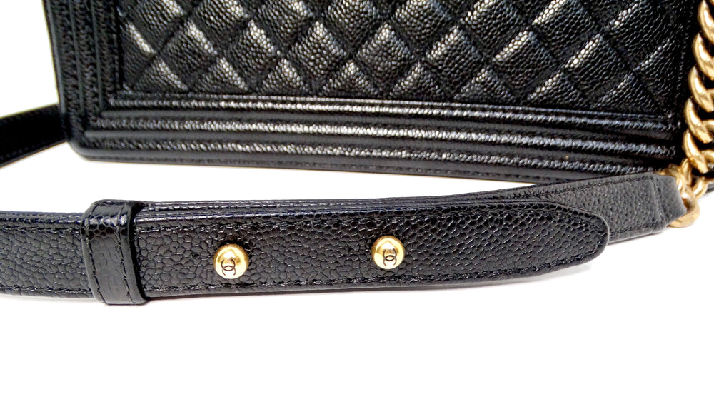 Chanel 2014 "New Medium" Black Caviar Boy Bag With Antique Gold-Tone Hardware