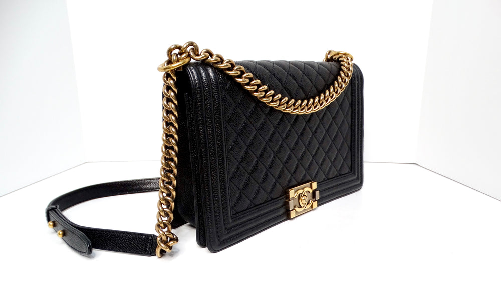 Chanel 2014 "New Medium" Black Caviar Boy Bag With Antique Gold-Tone Hardware