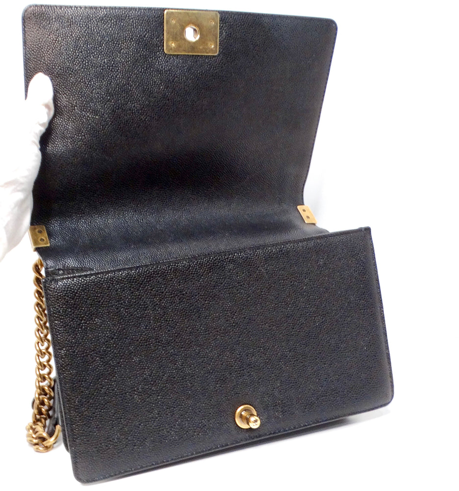 Chanel 2014 "New Medium" Black Caviar Boy Bag With Antique Gold-Tone Hardware