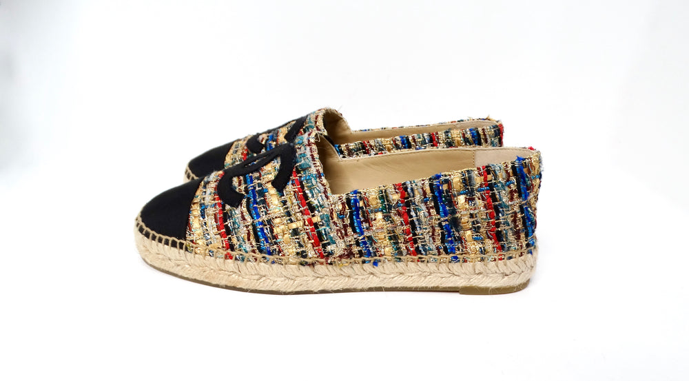 Chanel Tweed Grosgrain Multicolor Interlocking CC Espadrilles