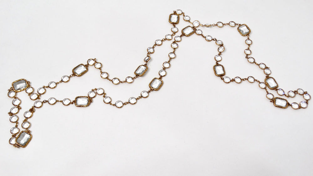 1981 Chanel Long Clear Crystal & Gold Plated Chain Chiclet Necklace