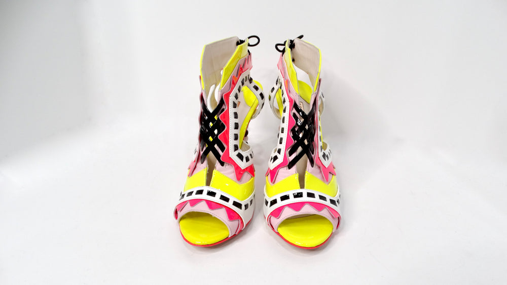 Sofia Webster Neon Multicolor Patent Leather Printed T-Strap Sandals