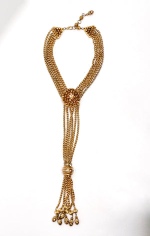 Claire Deve Vintage Gold-Tone Beaded Rope Tassel Lariat Necklace