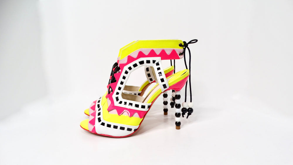 Sofia Webster Neon Multicolor Patent Leather Printed T-Strap Sandals