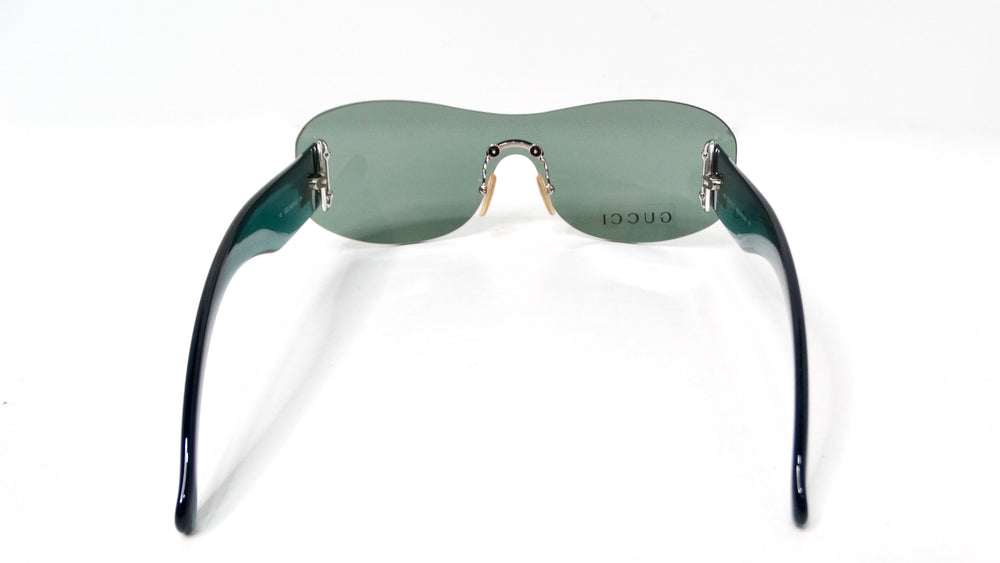 1990s Gucci Blue Tinted Frameless Oversized Shield Sunglasses