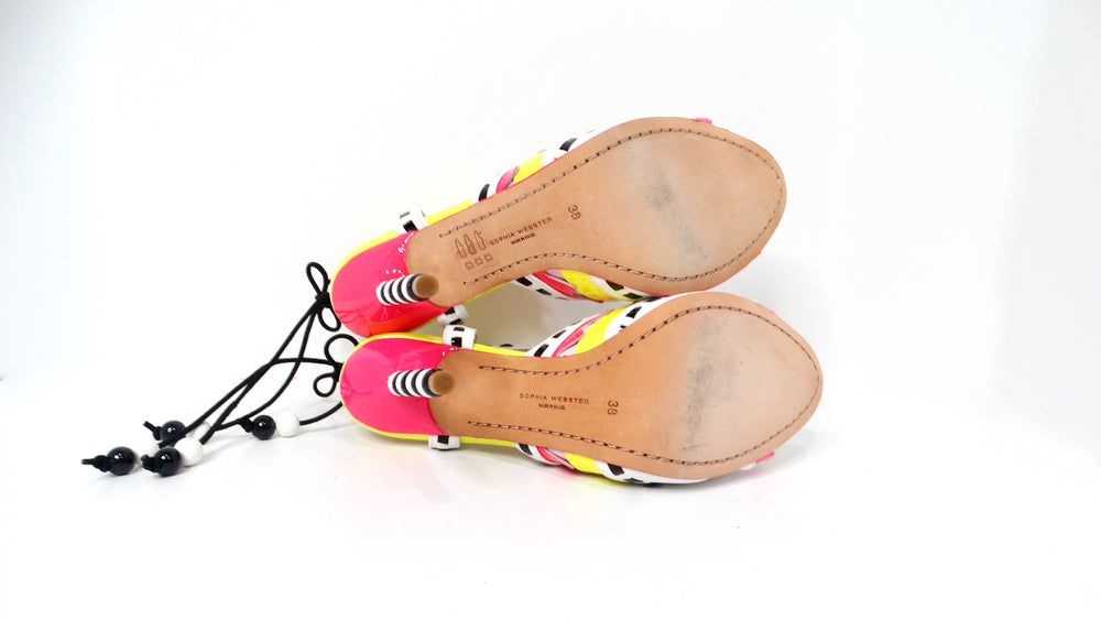 Sofia Webster Neon Multicolor Patent Leather Printed T-Strap Sandals