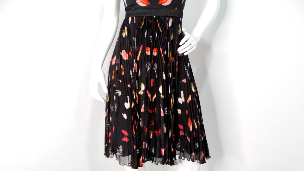 Alexander McQueen Lipstick Print Silk Pleated Midi Dress With Lace Detail