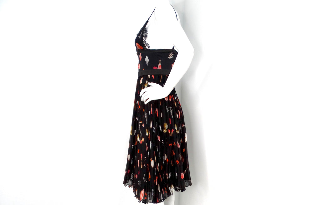 Alexander McQueen Lipstick Print Silk Pleated Midi Dress With Lace Detail