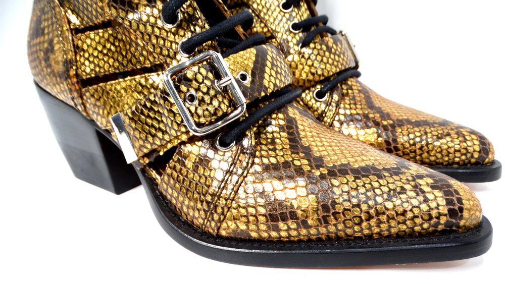 Chloe Rylee Gold Python Embossed Leather Caged Boots