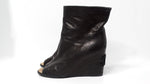 Chanel Black Lambskin Leather Peep Toe Wedge Ankle Boots