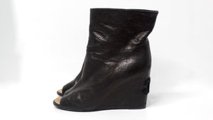 Chanel Black Lambskin Leather Peep Toe Wedge Ankle Boots