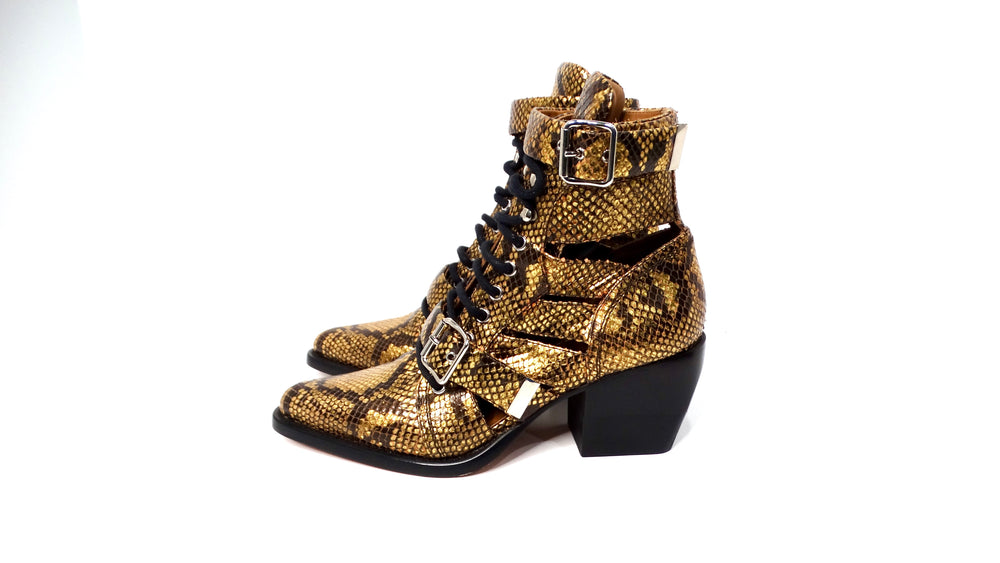 Chloe Rylee Gold Python Embossed Leather Caged Boots