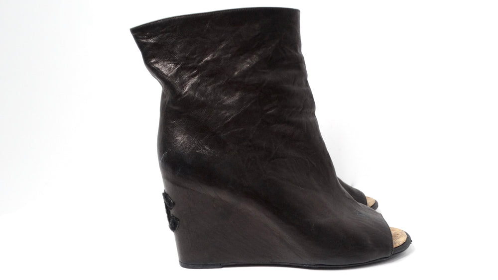 Chanel Black Lambskin Leather Peep Toe Wedge Ankle Boots