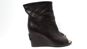 Chanel Black Lambskin Leather Peep Toe Wedge Ankle Boots