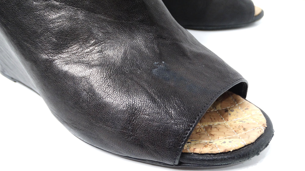 Chanel Black Lambskin Leather Peep Toe Wedge Ankle Boots