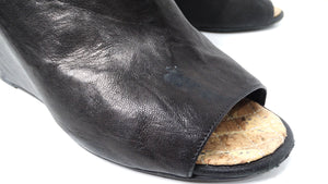 Chanel Black Lambskin Leather Peep Toe Wedge Ankle Boots