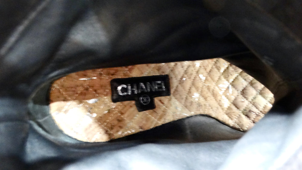Chanel Black Lambskin Leather Peep Toe Wedge Ankle Boots
