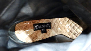 Chanel Black Lambskin Leather Peep Toe Wedge Ankle Boots