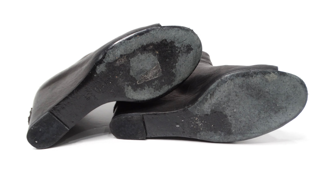 Chanel Black Lambskin Leather Peep Toe Wedge Ankle Boots