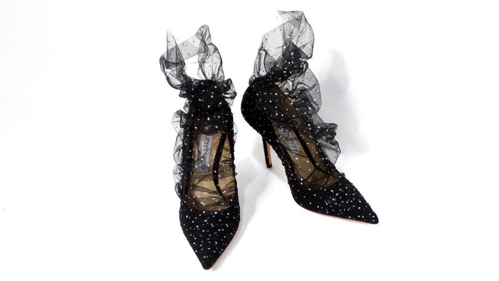 Jimmy Choo Black Tulle & Suede 100mm Glitter Pumps