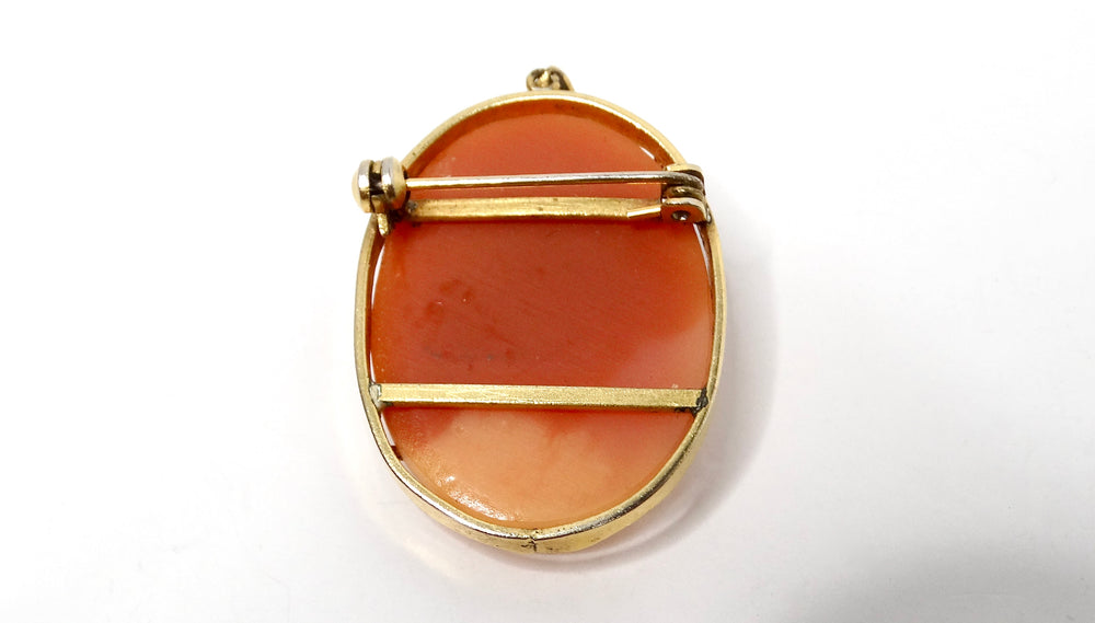1920s Coral Cameo 18k Gold Shell Oval Brooch Pendant