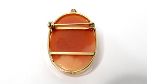 1920s Coral Cameo 18k Gold Shell Oval Brooch Pendant