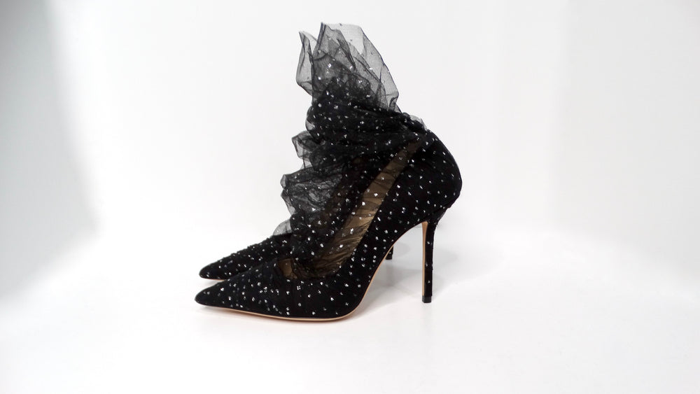 Jimmy Choo Black Tulle & Suede 100mm Glitter Pumps