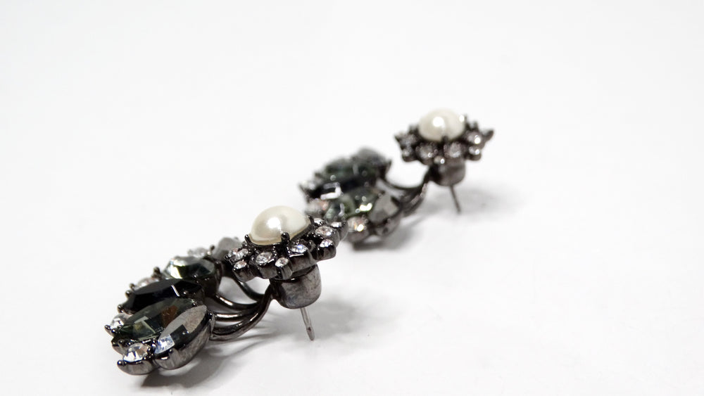 Floral Pearl & Crystal Black Rhodium Plated 2-Piece Fan Earrings