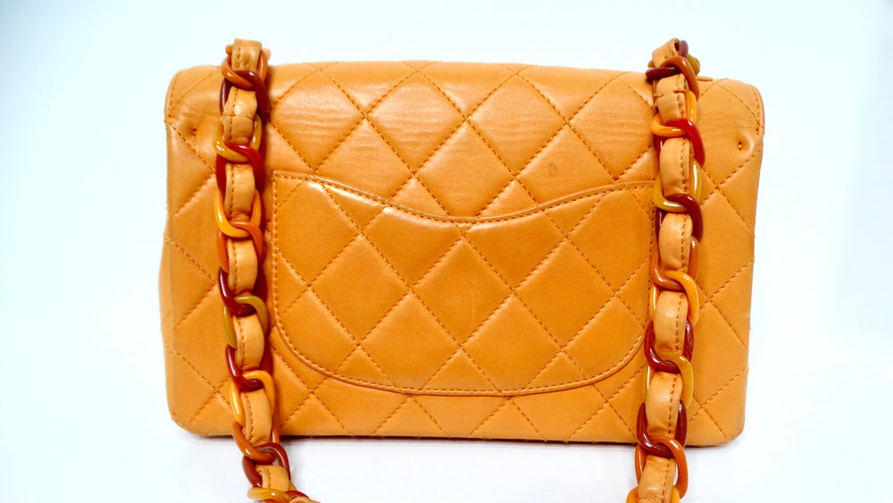 Chanel 1996 Orange Carmel Lambskin Quilted Single Flap Bag With Lacquer Chain