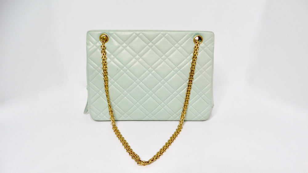 Chanel 1996 Mint Green Lambskin Quilted Tote Shoulder Bag With Coin Purse