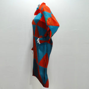 Issey Miyake Orange Blue Pleated 1990s Turtleneck Dress