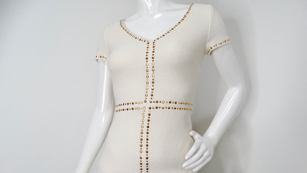 Vintage St. John White Knit Dress With Gold-Tone Rhinestone Accents Vintage St. John White Knit Dress With Gold-Tone Rhinestone Accents