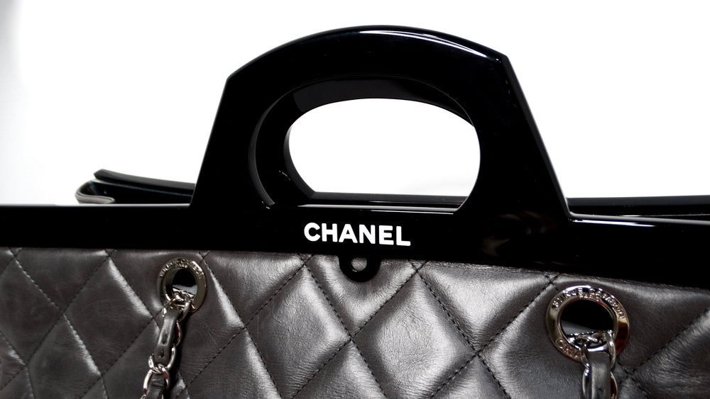 Chanel 2015 Charcoal Grey Large CC Delivery Glazed Calfskin Quilted Tote Bag