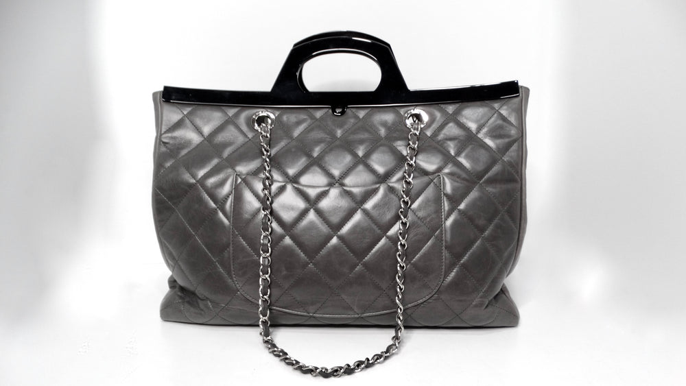 Chanel 2015 Charcoal Grey Large CC Delivery Glazed Calfskin Quilted Tote Bag