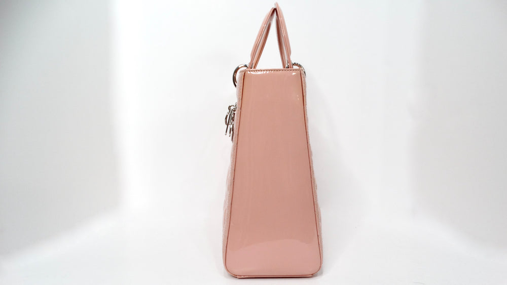 Christian Dior Light Pink Patent Cannage Large Lady Dior Handbag