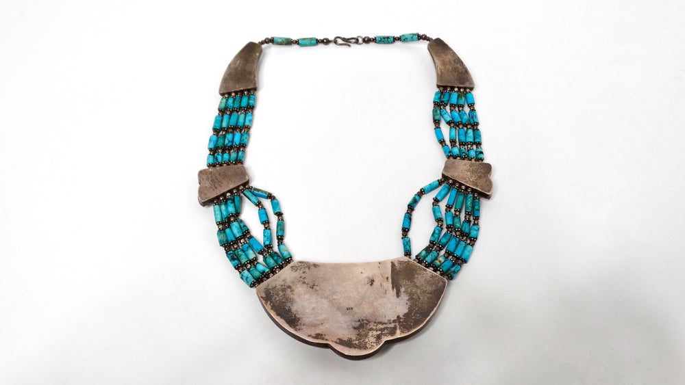 Vintage Turquoise & Sterling Silver Beaded Collar Necklace