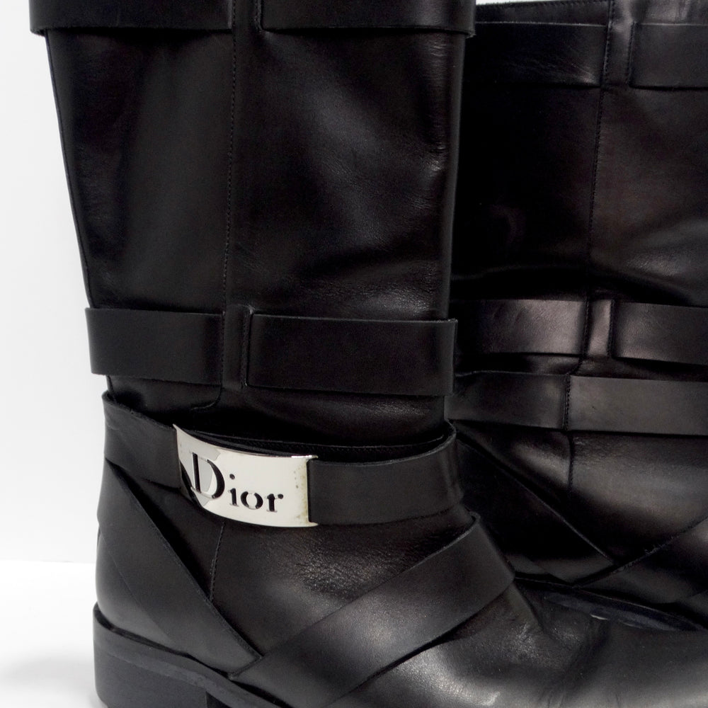 Dior by John Galliano Black Leather Silver Tone Logo Boots