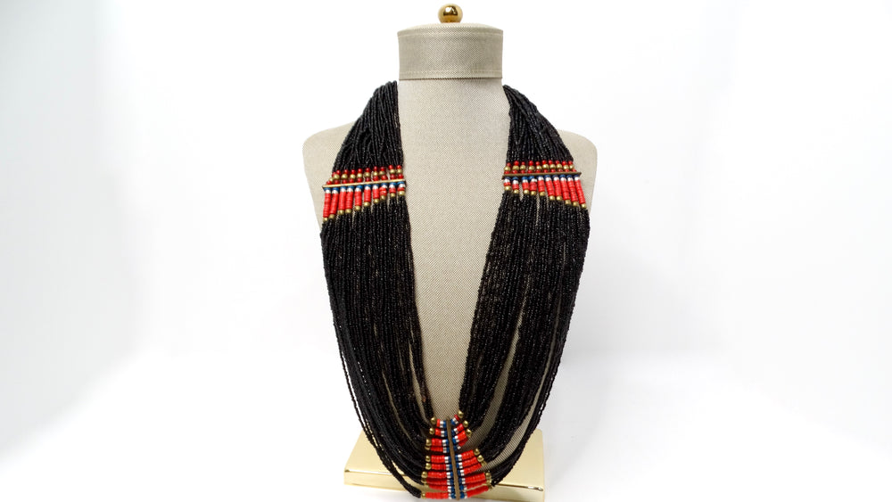 Vintage Indian Naga Handmade Tribal Multi-Strand Black Beaded Necklace