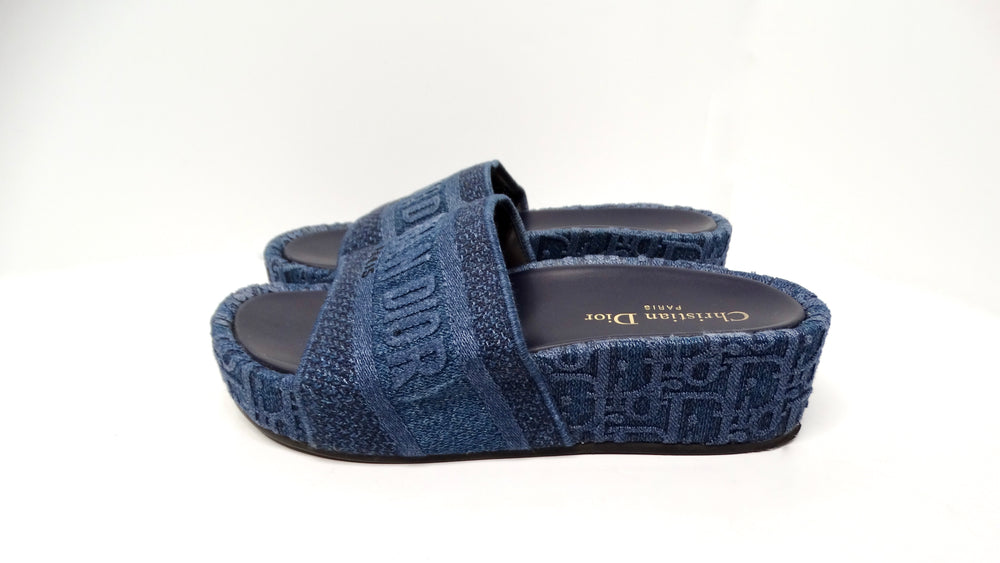 Christian Dior D-way Embroidered Denim Platform Slide Sandals