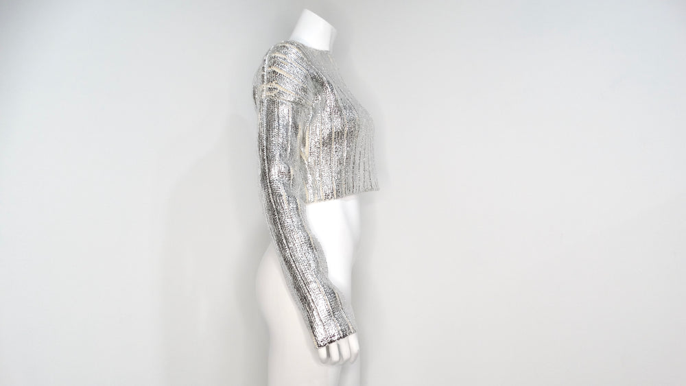 Balmain Silver Metallic Cropped Knit Sweater