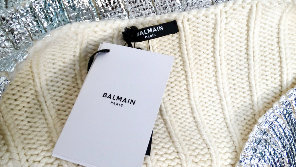 Balmain Silver Metallic Cropped Knit Sweater