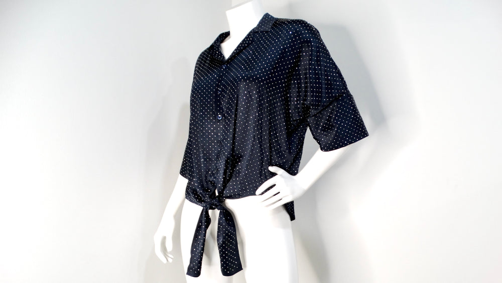 Saint Laurent Navy Silk Button-Up Blouse With Silver Studs