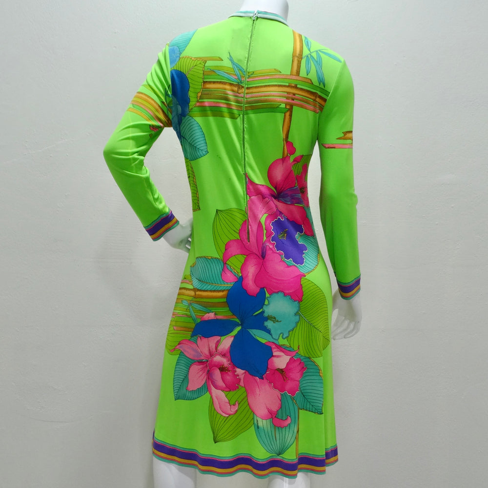 Leonard 1960s Green Floral Silk Dress