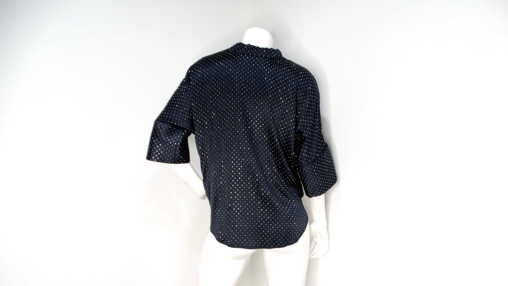 Saint Laurent Navy Silk Button-Up Blouse With Silver Studs