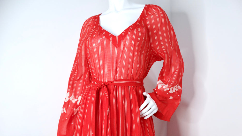 Hanae Mori 1970s Red & White Striped Maxi Dress With Butterfly Print