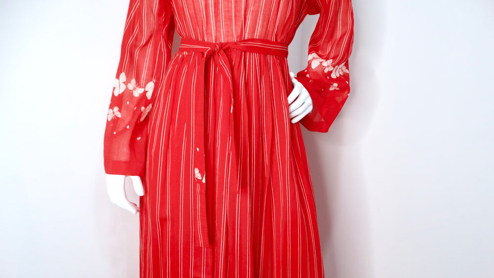 Hanae Mori 1970s Red & White Striped Maxi Dress With Butterfly Print